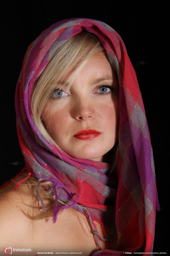 Close Up Portrait Photo Marloes With Colorful Cloth Around Head